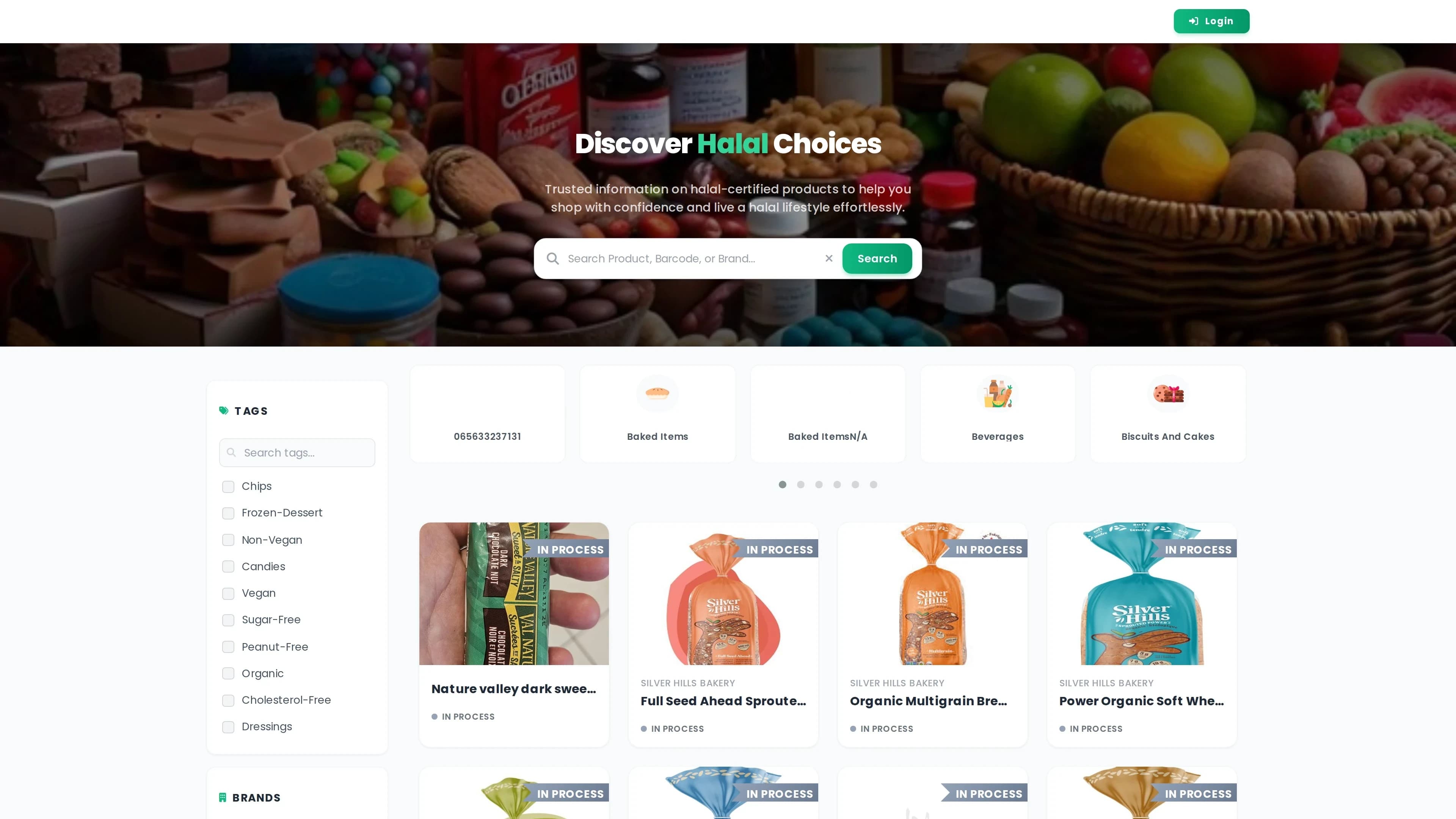 Home: search, tag and brand filters, category carousel