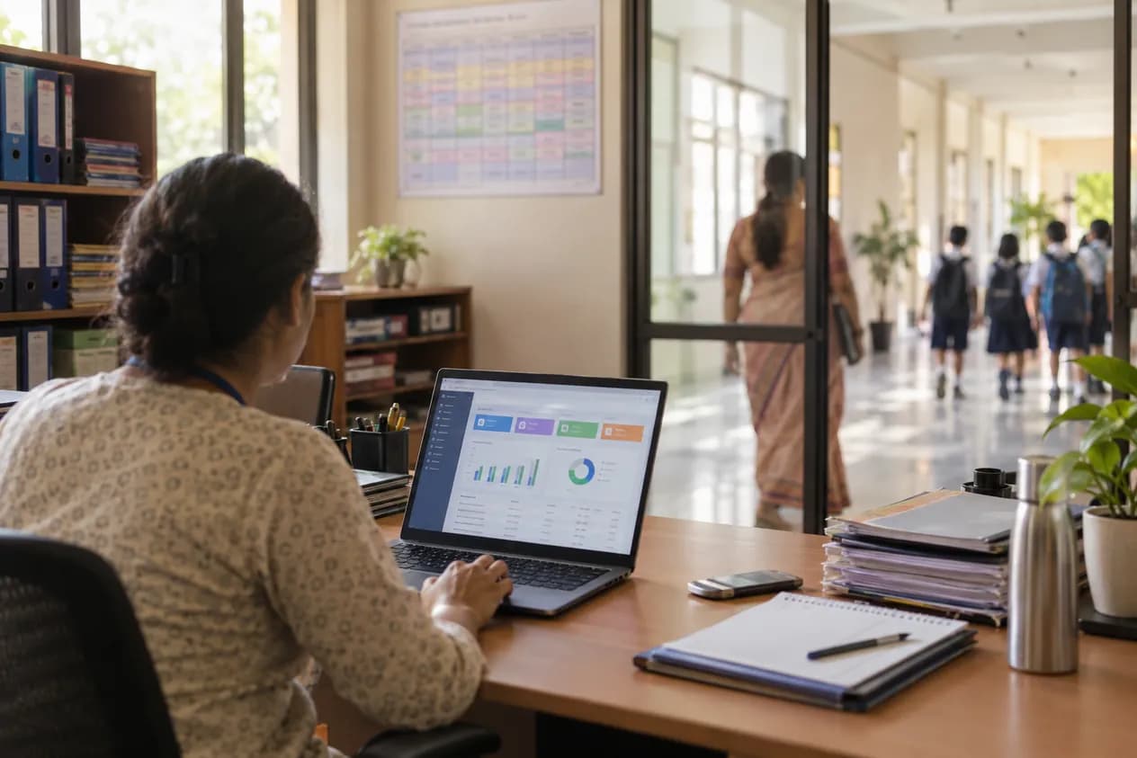 A school office: a staff member works on a dashboard on her laptop while a teacher and pupils in uniform walk down the corridor beyond.