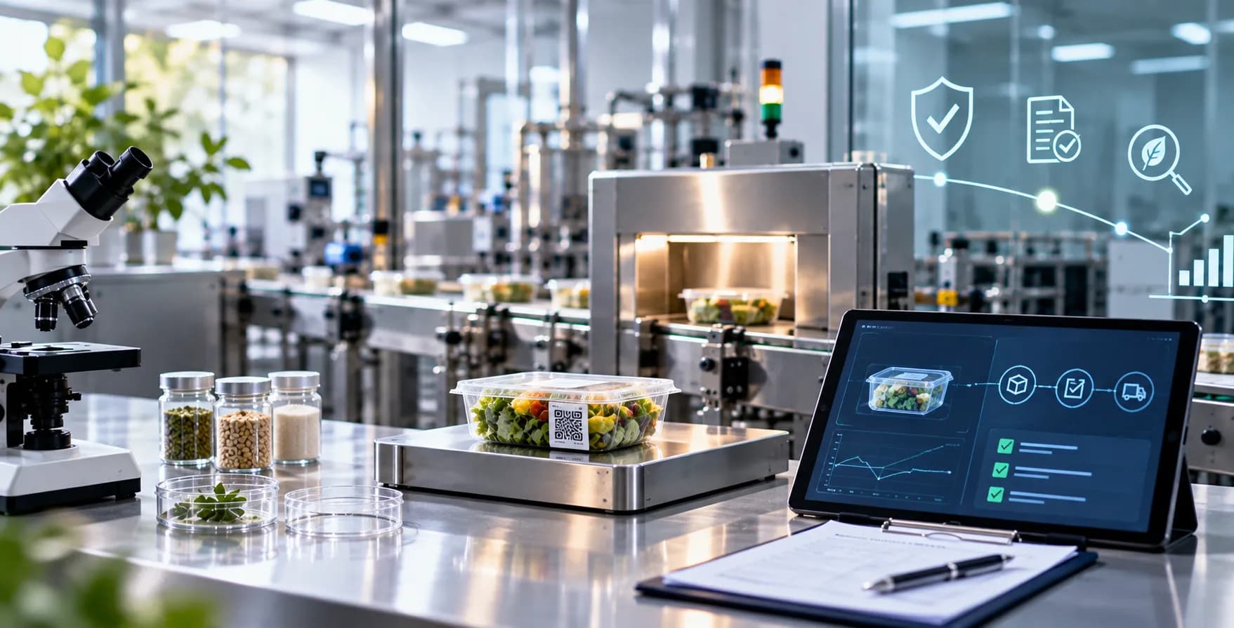 A food testing laboratory with sample jars and a tablet showing a verification checklist.