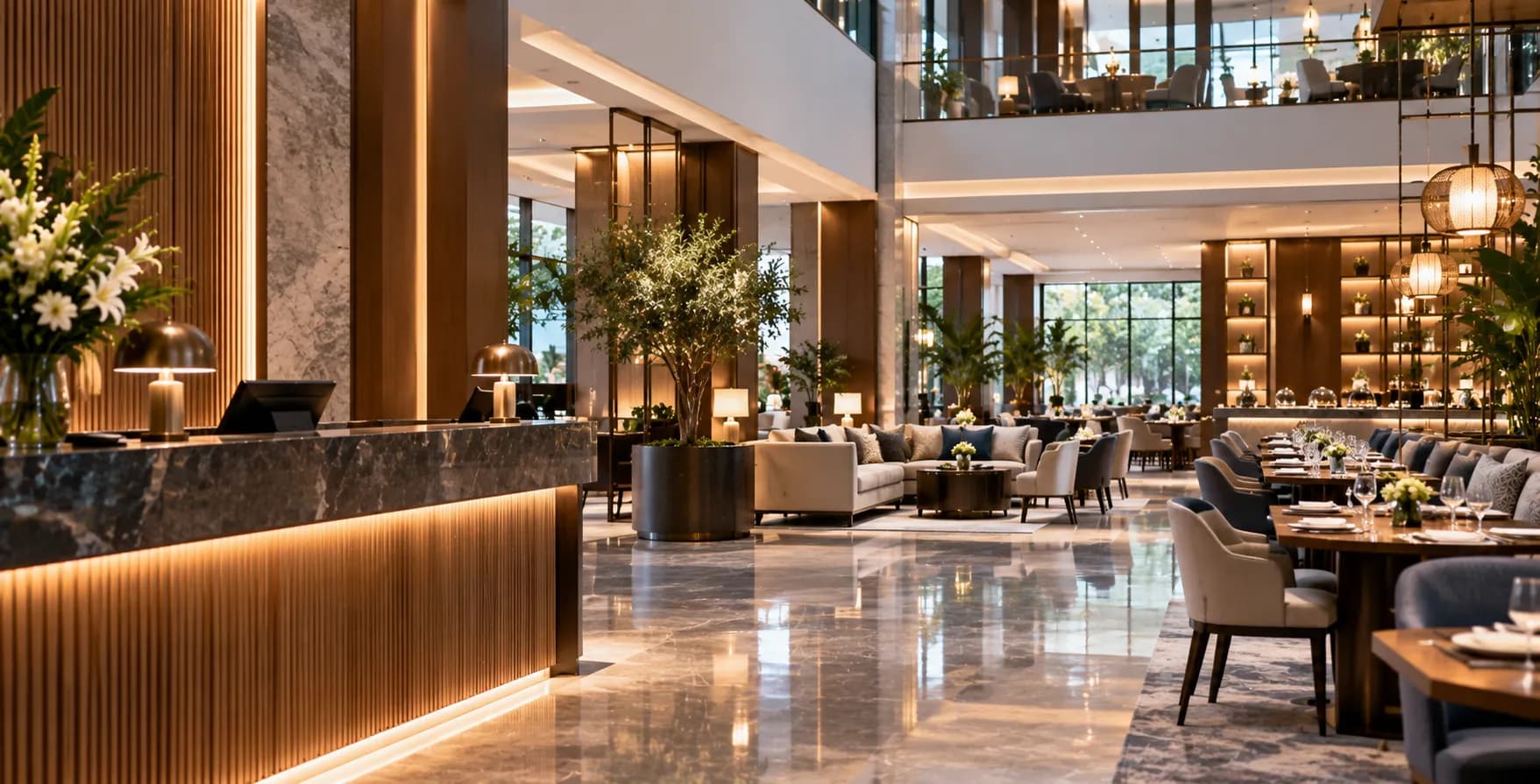 A hotel lobby with a reception desk, lounge seating and a restaurant beyond.