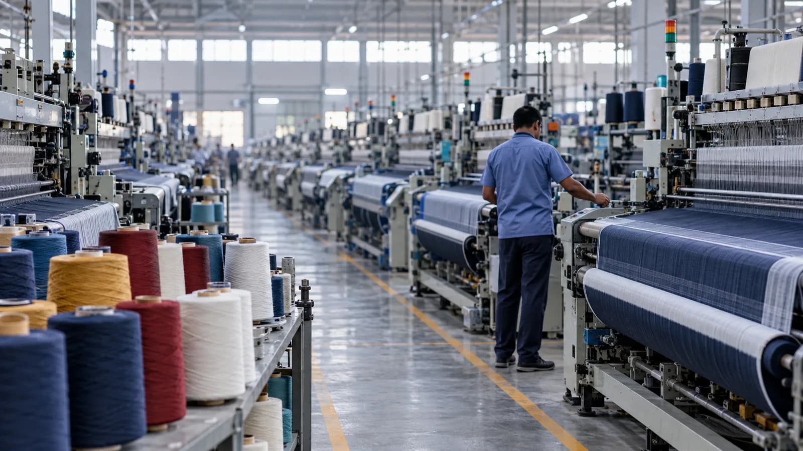 Power looms and thread cones inside a textile mill.