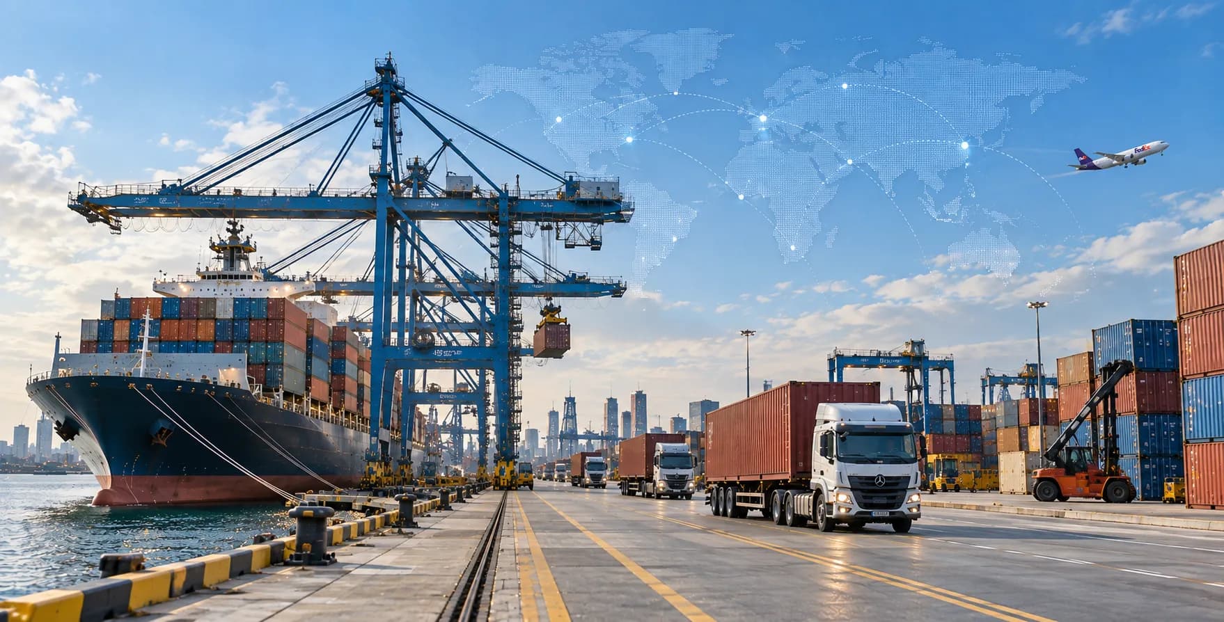 A container port with cranes, a cargo ship and trucks carrying containers.