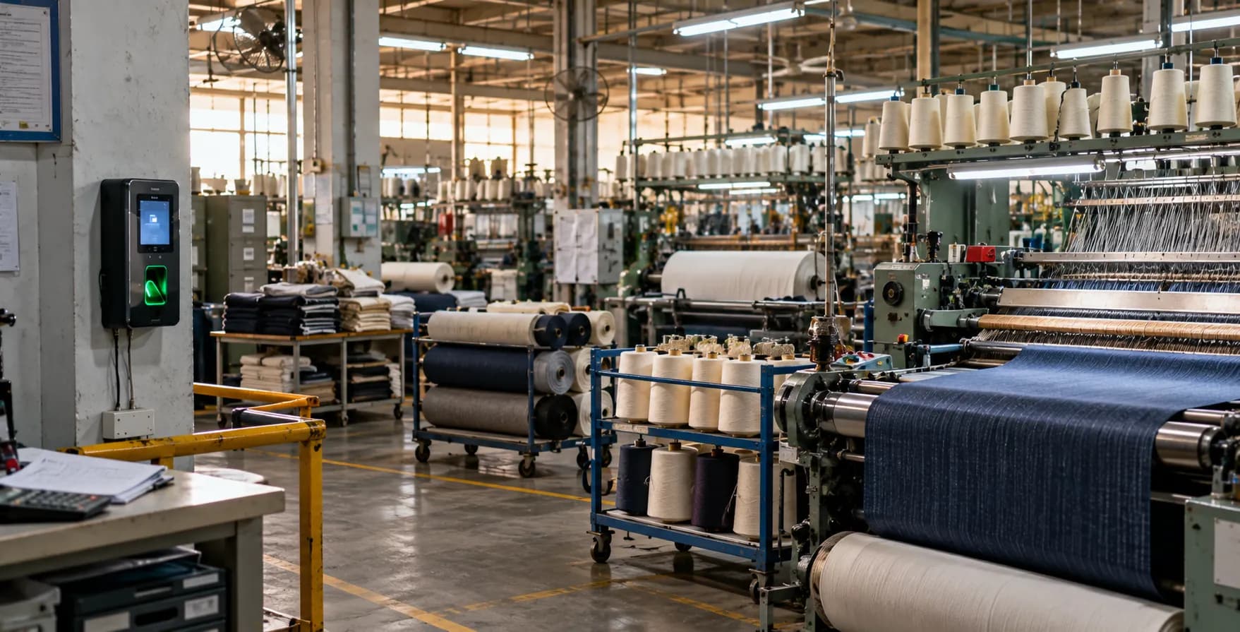 A factory floor with looms and fabric rolls, and a biometric attendance terminal on the wall.