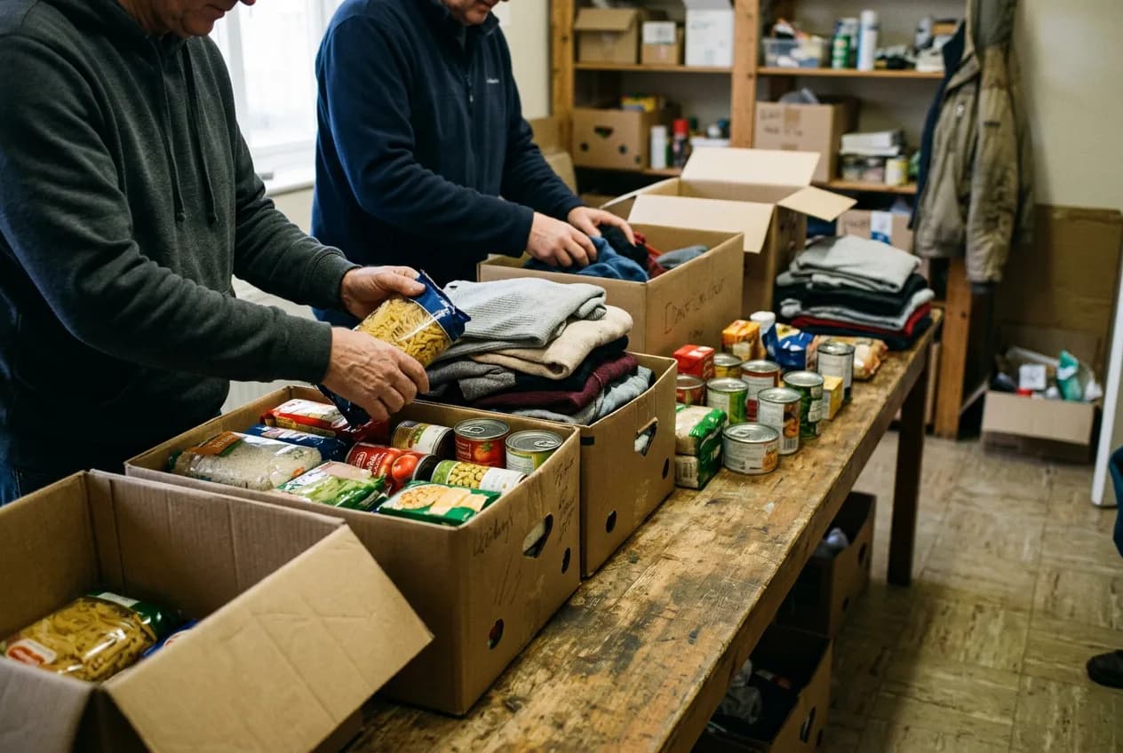 Volunteers sorting food and clothes into donation boxes on a long table.