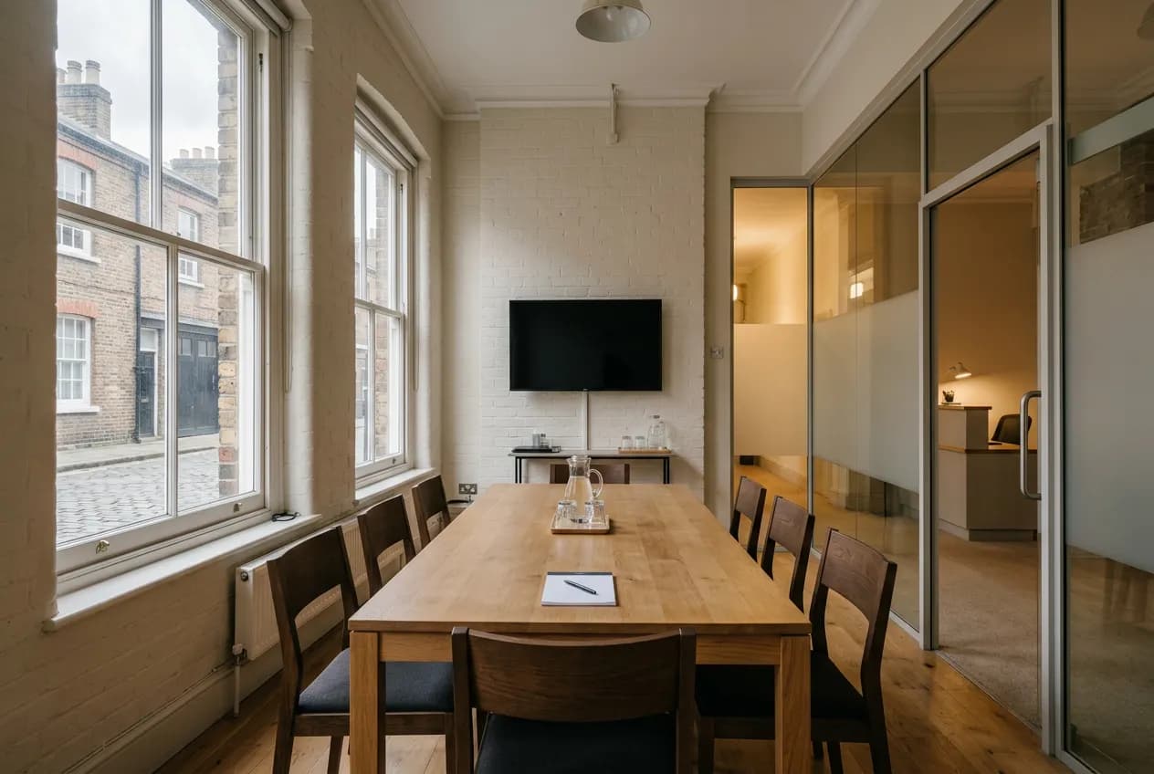 A meeting room with an oak table and chairs beside tall sash windows.