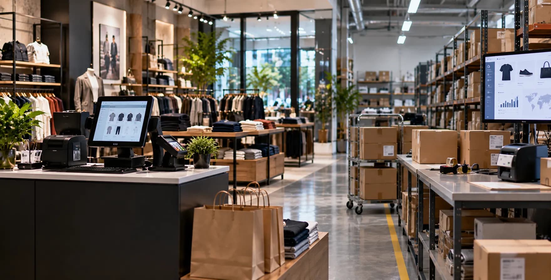 A retail store with a checkout counter in front and a fulfilment area with packed boxes behind.