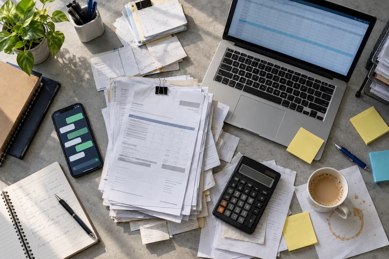 A cluttered desk with a phone, printed invoices and a spreadsheet.